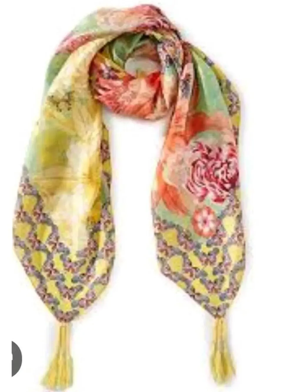 Johnny Was Charlie Print Silk Square Scarf With Tassels Silk Floral NEW #A